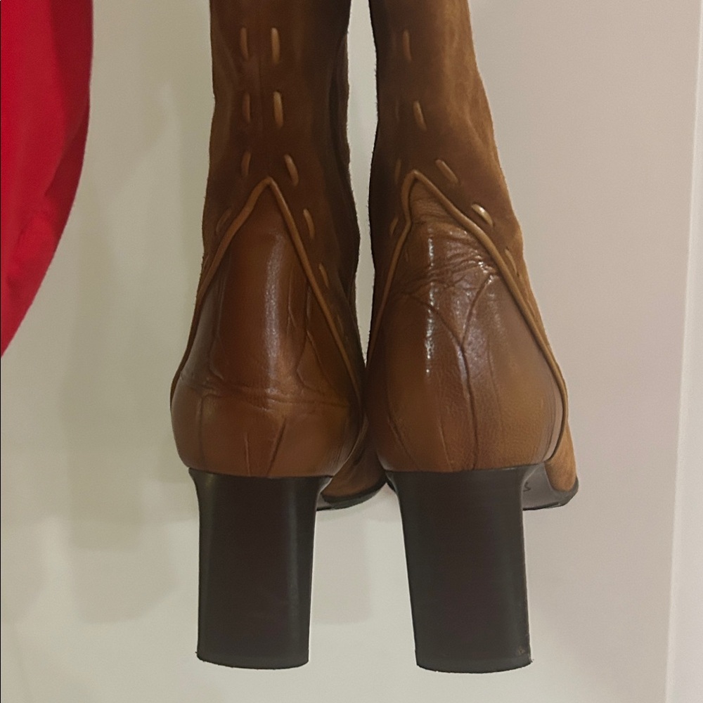 Made In Italy Camel Tan Brushed Suede and Leather High Calf Heeled Boots - Picture 10 of 14